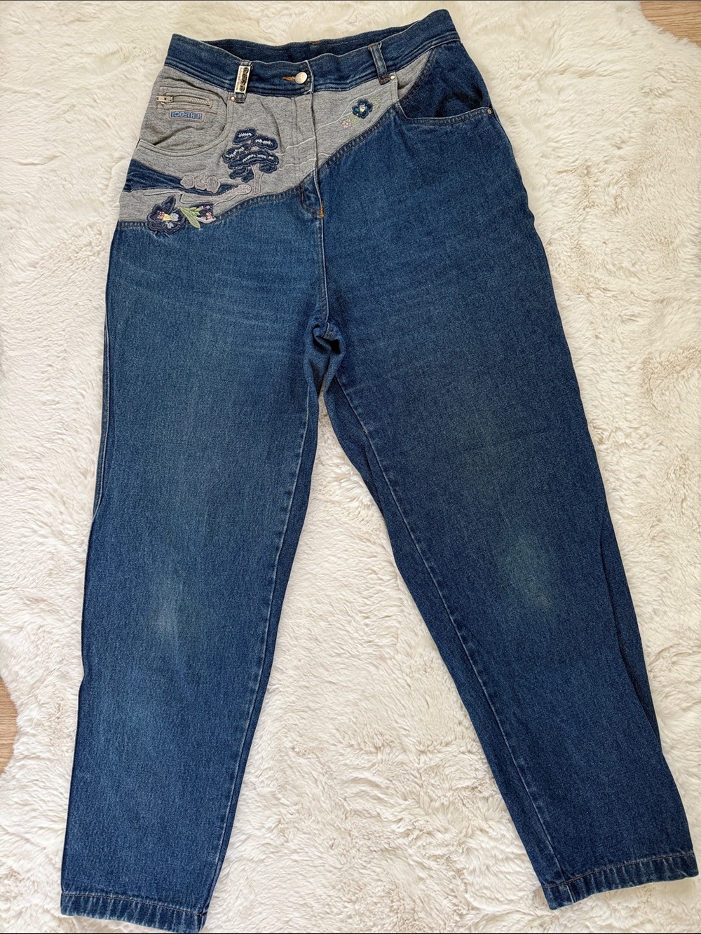 Rad 80s 90s Vintage Together Embroidered Floral Art Ultra High-Waist Mom Jeans
